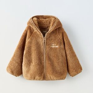 Zara Brown Teddy Bear Fur Jacket with White “Art Is Everything” Embroidery